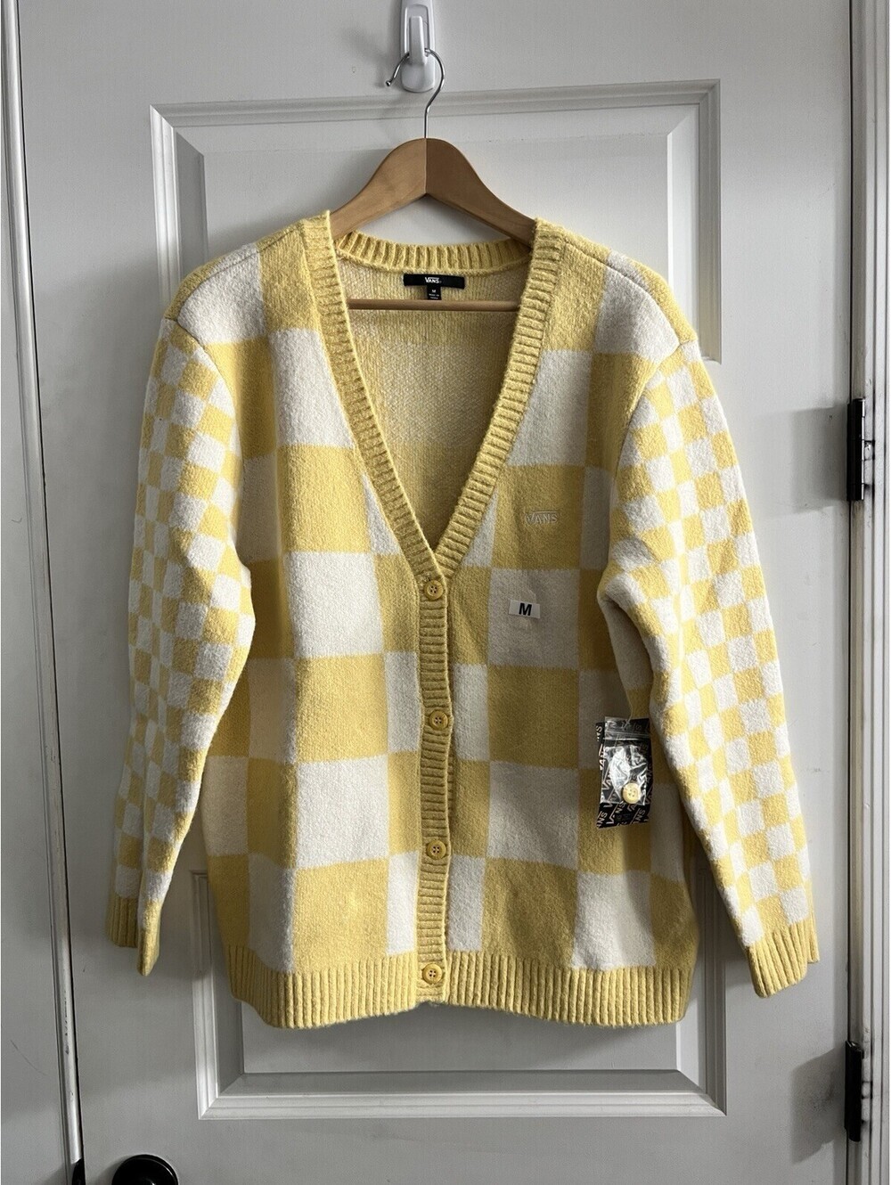 Vans Cardigan Sweater Women Med Yellow White Checkered V Neck Button Knit Fuzzy